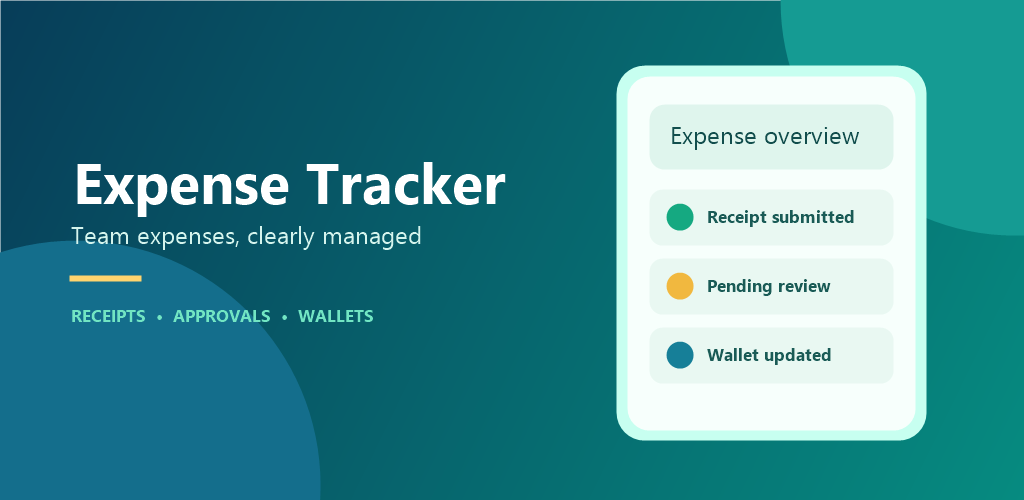Expense Tracker Android feature graphic with team expenses headline and illustrated expense overview