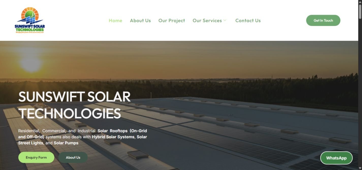 Sunswift Solar website screenshot showing its navigation and solar rooftop services headline