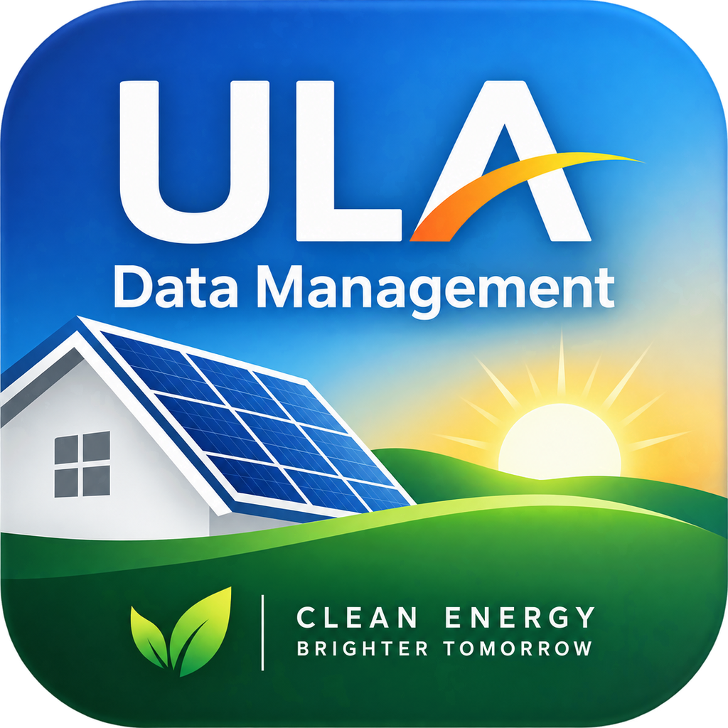 ULA Data Management Android app icon with its full name, solar-panel illustration and clean energy tagline